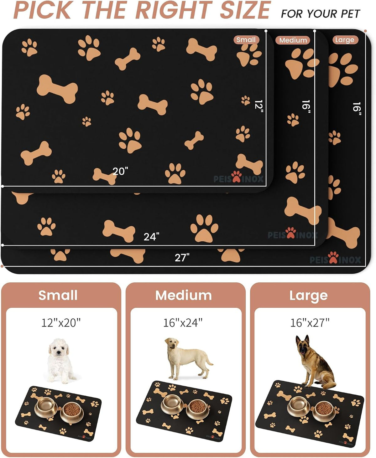 PEISAINOX Cat Dog Food Mat - Black / 16"x27" - image 2
