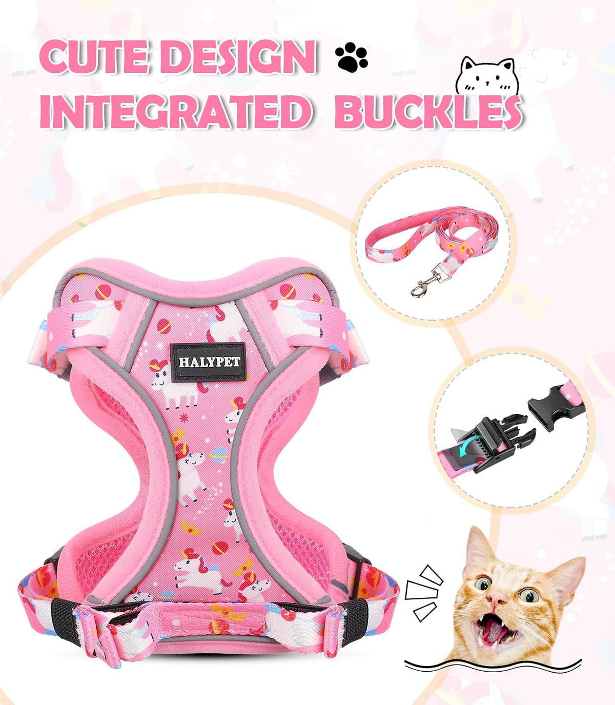 Cat Harness and Leash Set[MAX Safety 4th-Gen] Cute Escape Proof Vest - H603 Pro Pink Unicorn / X-Small (4-6lb) - image 3