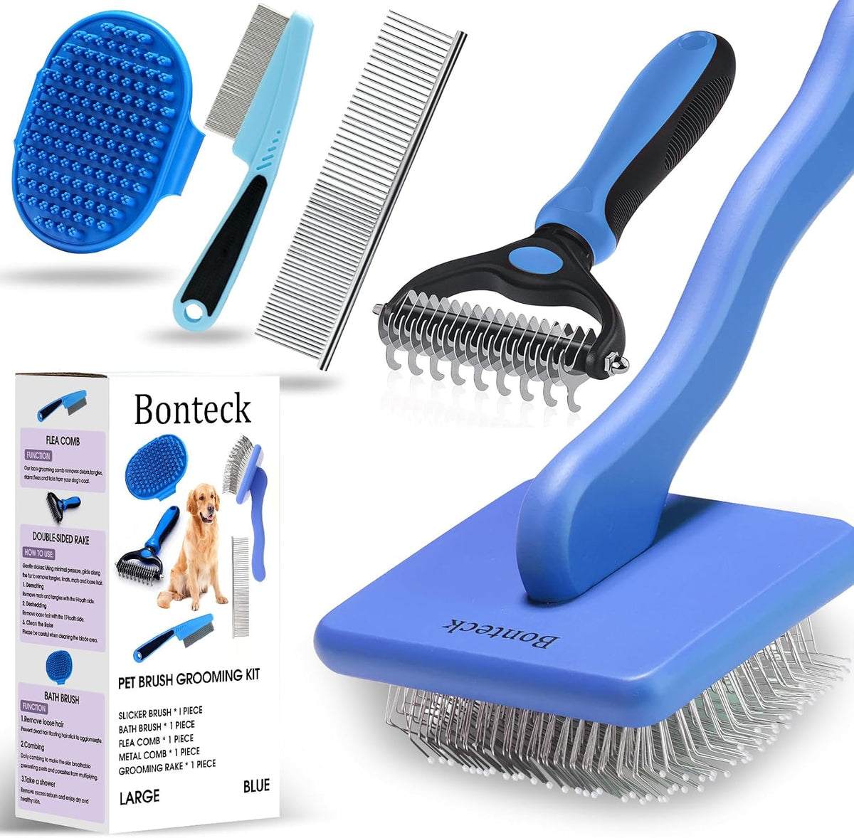 Dog Slicker Brush for Dogs Grooming Kit 5PCS Long Haired Doodles – Essentials for Dogs - Blue