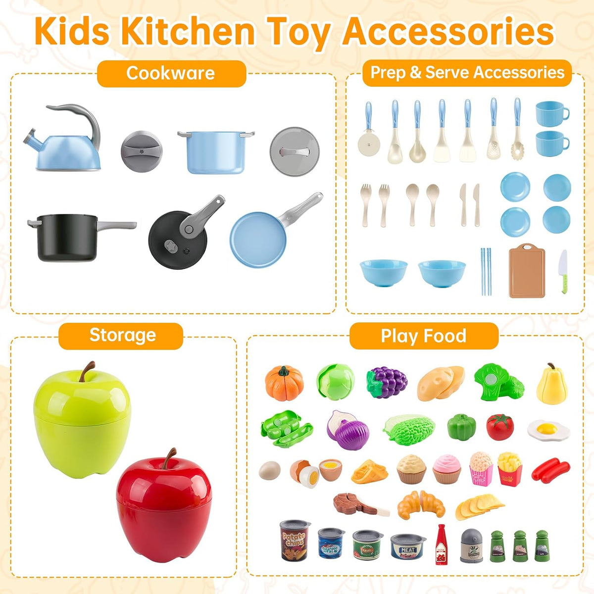 130Pcs Kitchen Playset, Toddler Pretend Cooking Play Pots, Pans - Blue / 100 Pcs - image 3