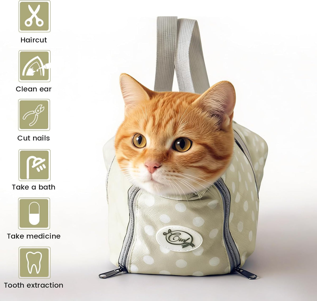 Cinf Cat Restraint Grooming Bag - M Size–Fits most adult cats (8–12 lbs) / Beige Gray+Dot - image 2