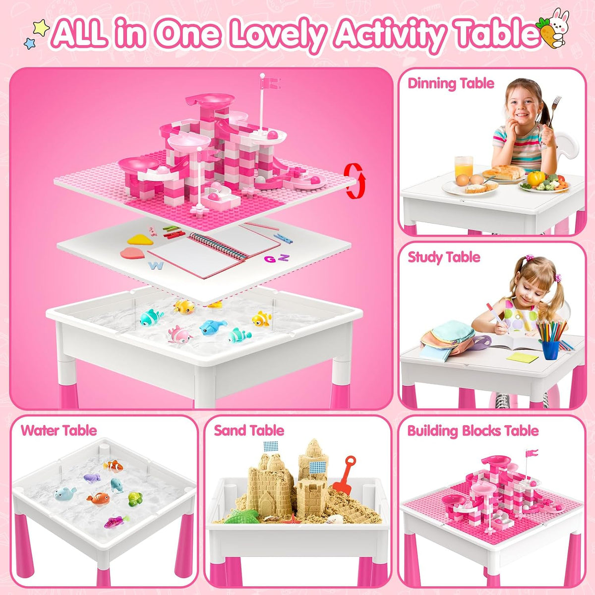 OCATO Kids Table and 4 Chairs Set Activity Table Kid Water Table – Fun for Kids & Family - Table and 2 Bunny Chairs Set - image 2