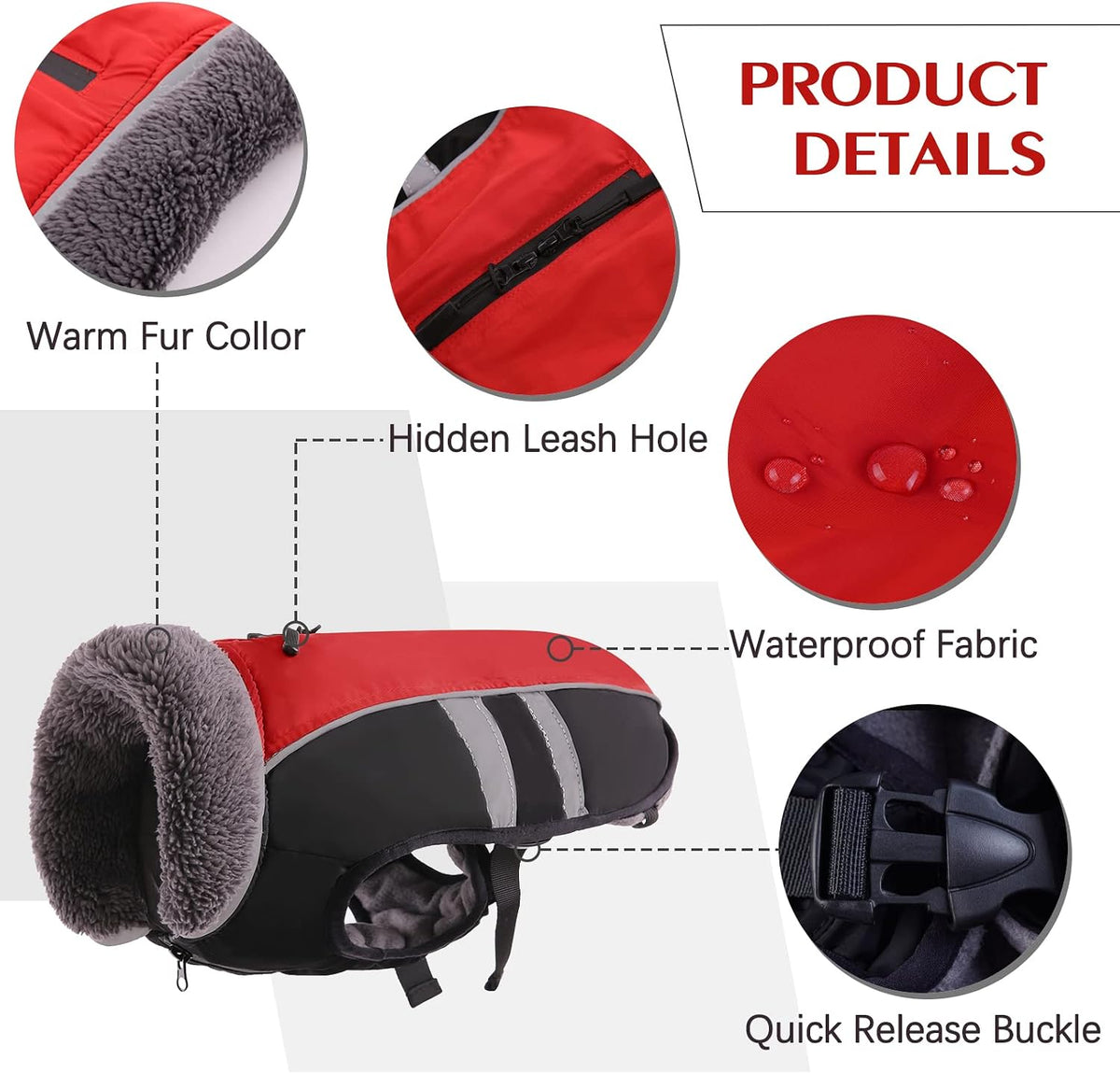 QBLEEV Warm Dog Coat, Reflective Dog Jacket - Red Black / XX-Large - image 2