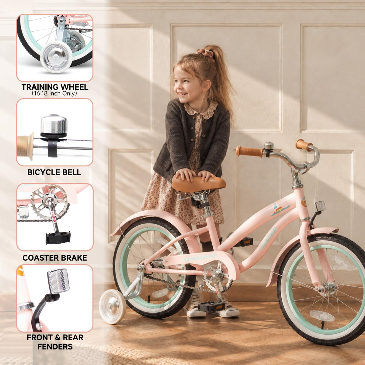 ACEGER girls beach cruiser bike with curved frame, submarine chain guard graphic, 16 to 24 inch size - view 3