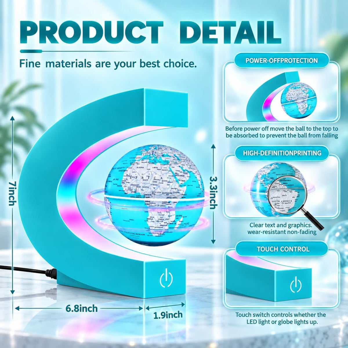 Magnetic Levitating Floating Globe with LED Lights - Cyan Globe Glowing - image 3