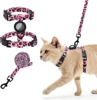 Adjustable Cat Harness and Leash Set with AirTag Holder - Pink Leopard