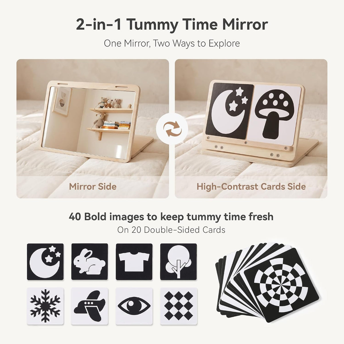 IEATFO wooden tummy time mirror with black-and-white high-contrast baby cards - view 4