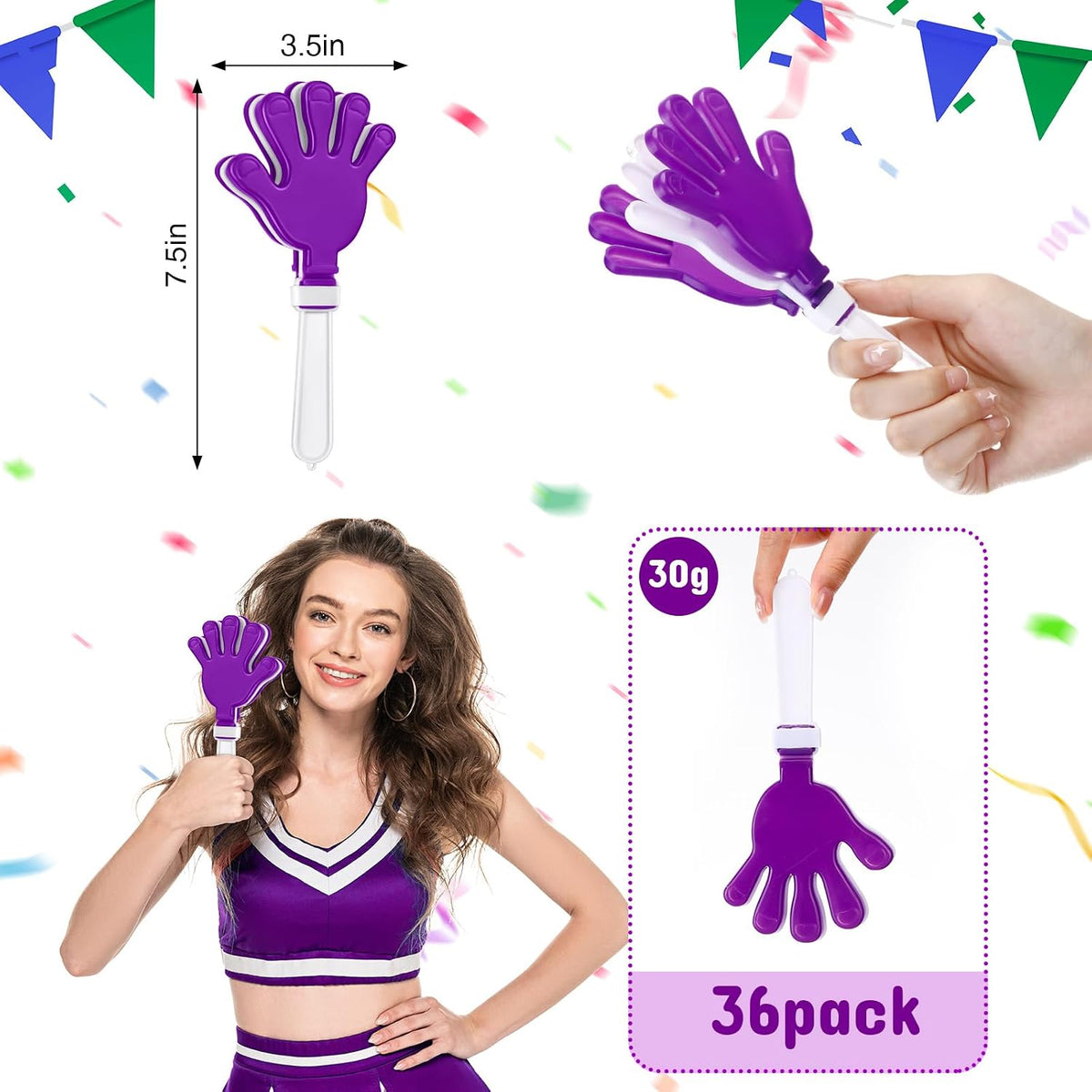 Junkin purple and white plastic hand clappers noisemakers, 48 pack - view 17