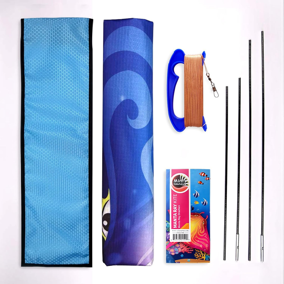 Devil Fish manta ray beach kite for kids in blue ripstop nylon with kite string - view 10