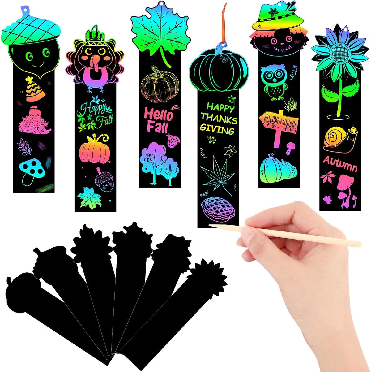AUGSUN fall rainbow scratch art bookmarks with pumpkin and leaf designs - view 4