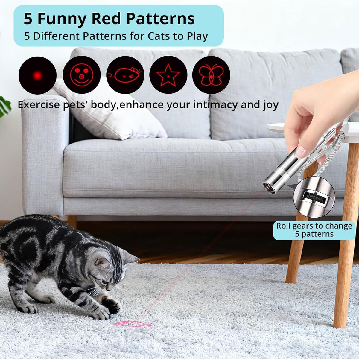 Cat Toy, USB Rechargeable, 3 Light Modes, 5 Fun Patterns, Indoor – Essentials for Cats - 1 pcs red light - image 4