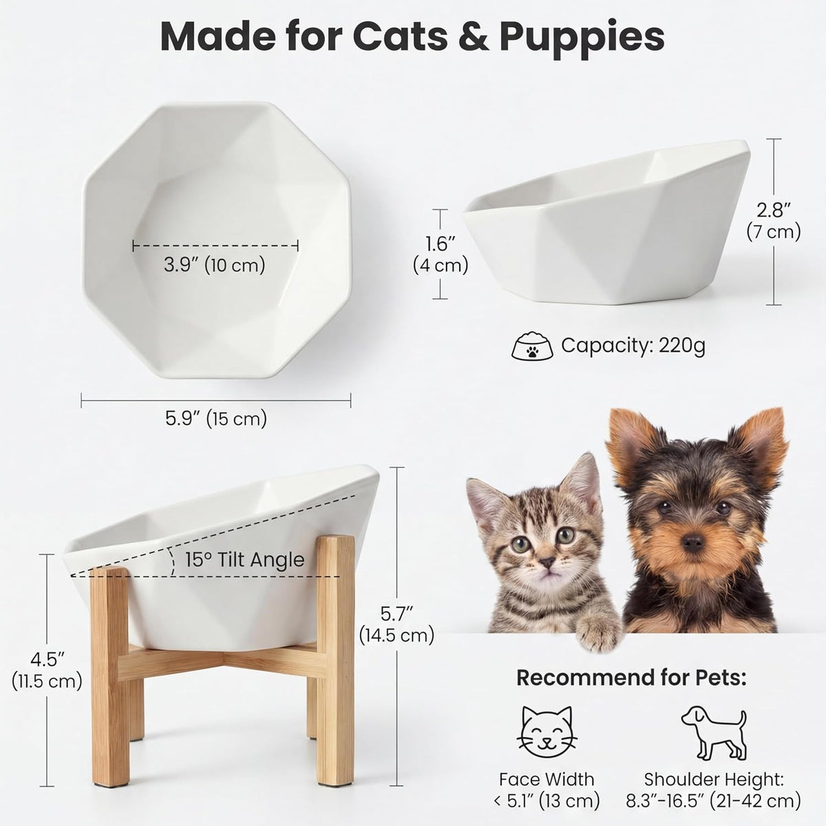 Ceramic Tilted Raised Cat Bowl - White with stand - image 2