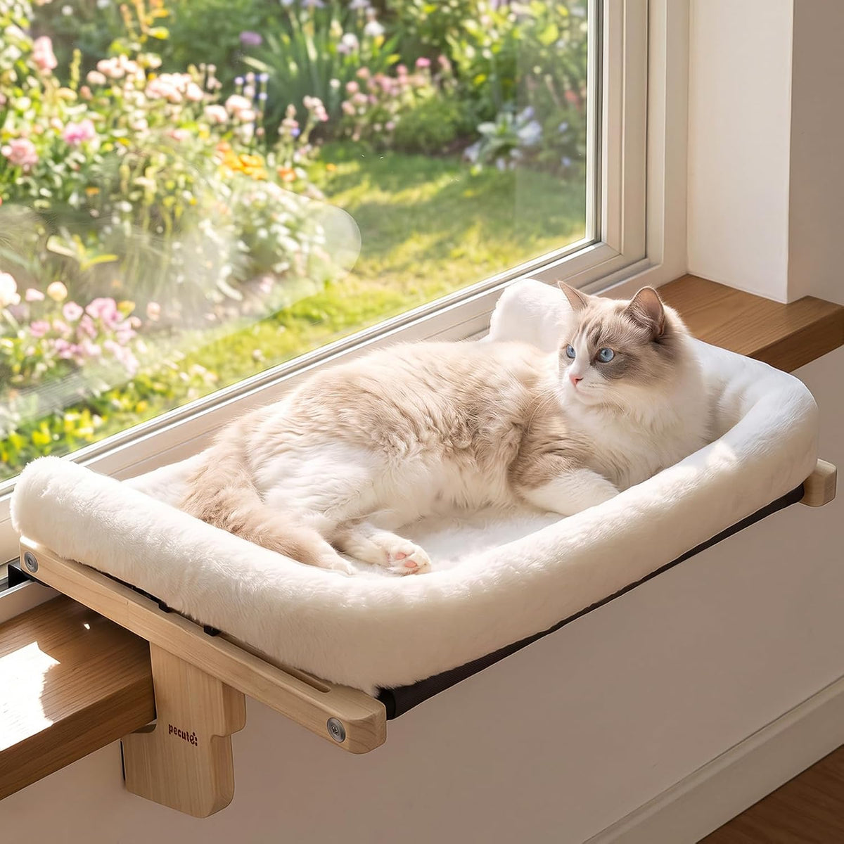 Pecute Cat Windowsill Perch, Cloud-Soft Cat Bed with Wood Frame - White / 18.9" x 14.2"