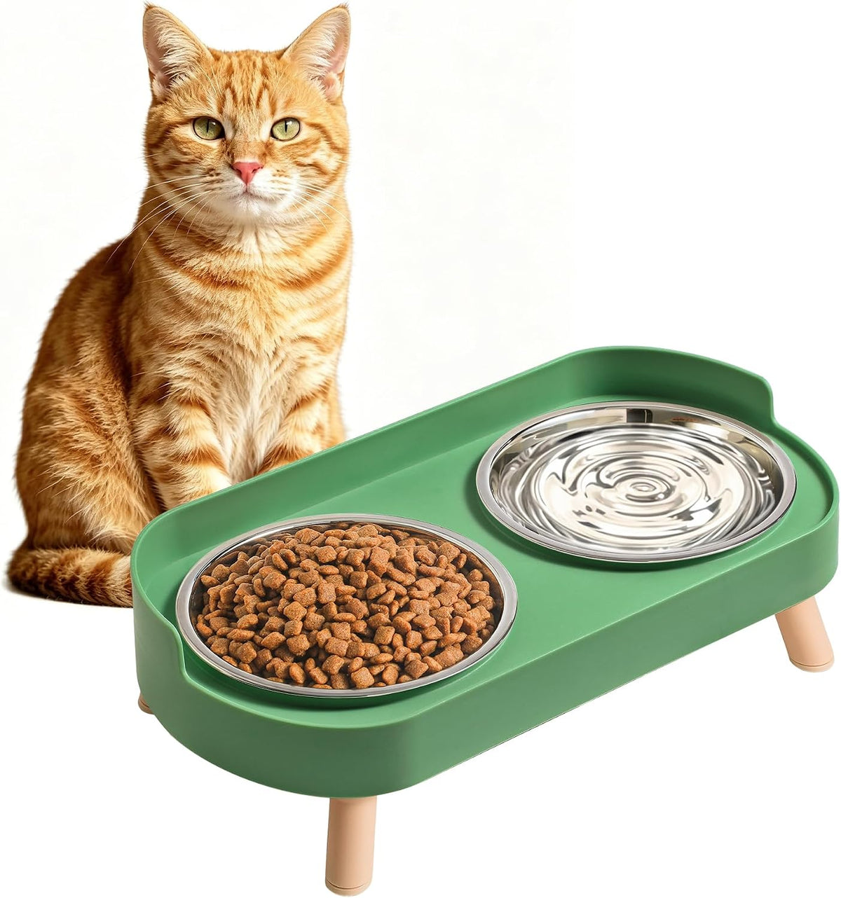 Elevated Cat Bowls Set - Raised Cat Food and Water Bowl Set with Non Slip Stand - Pet Feeding - Green