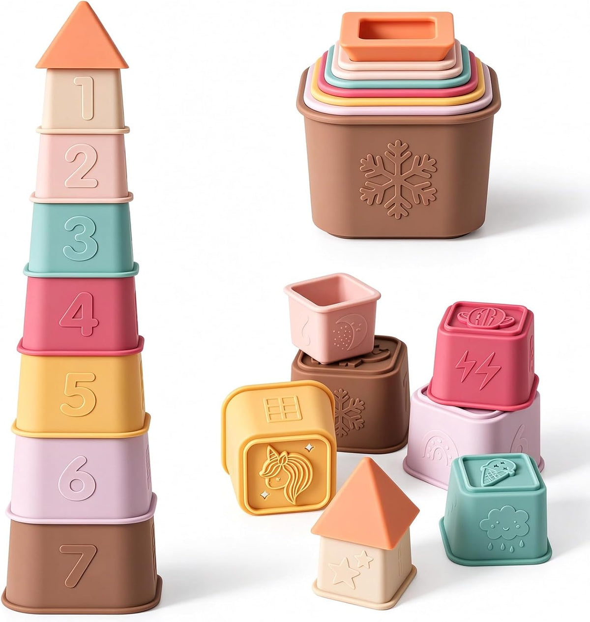 Baby Stacking Cups Toy, Silicone Stacking Tower Educational Baby Toys 6M+, Soft Teething Building - Vintage