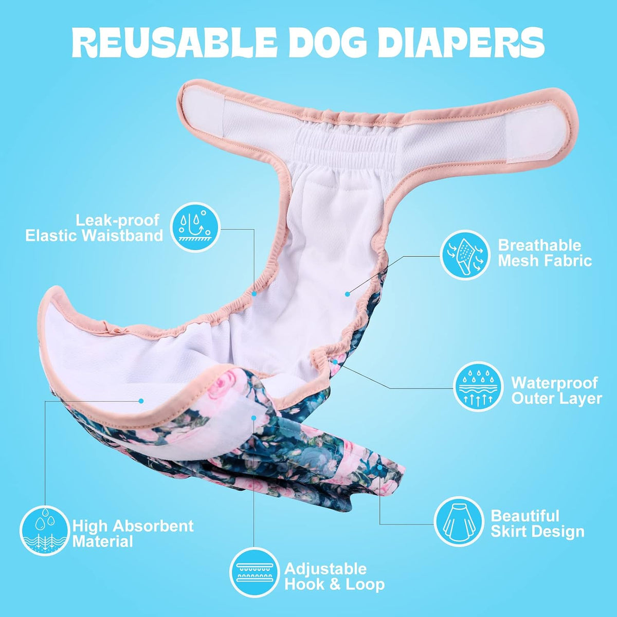 NOYAL Female Dog Diapers, Washable Reusable Leak-Proof - Rose / Medium 13-18.9'' - image 2