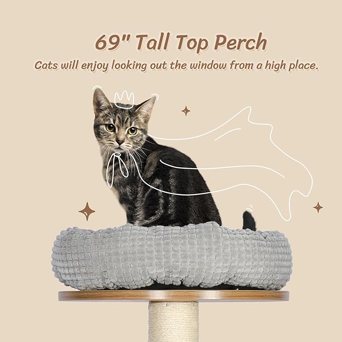 KAMABOKO Tall Wood Cat Tree, 69” Large Cat Tower Multi-Level Platforms with Sisal Scratching Posts, Cat Tree for Large Cats 20 lbs Heavy Duty, Cat Condo Furniture for Active Cats