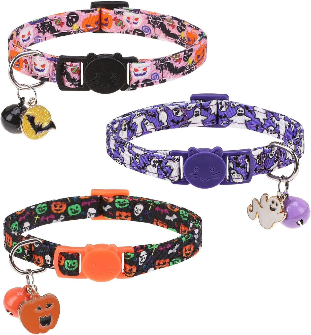 BINGPET Halloween Cat Collar Breakaway - Halloween(Purple+Pink+Black)
