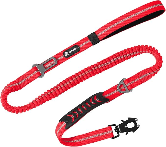 Heavy Duty Bungee Dog Leashes, 4-6FT Shock Absorbing Tactical Dog Leash with 2 Padded Handles, Metal Carabiner Clip, No Pull Reflective Dog Leash for Medium Large Dogs (Red)