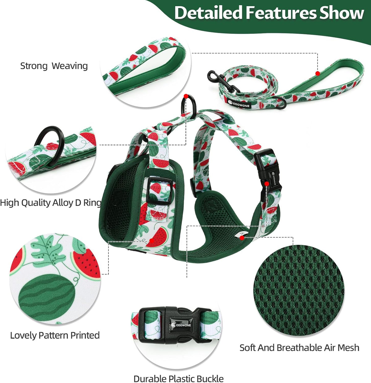 Dog Harness and Leash Set, Adjustable Dog Harness, Dog Leash - Green Watermelon / M(Chest 15.7 - 22.1", Neck 12 - 15") - image 4