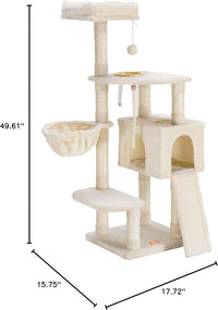 Heybly Cat Tree, Cat Tower for Indoor Cats with Scratching Board, Multi-Level Cat Furniture Condo with Feeding Bowl, Beige HCT010M