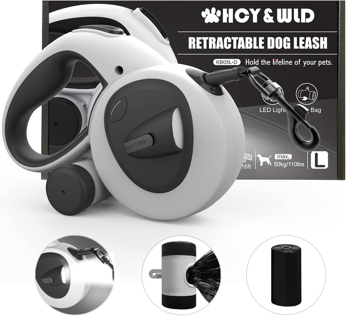 4-in-1 Retractable Dog Leash with LED Light & Dispenser & Poop Bags – Essentials for Dogs - Large