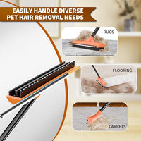 3 in 1 Carpet rake Kit for Pet Hair Removal Tool - Reusable Pet Hair Remover broom w 58"Adjustable Long Handle, Dog & Cat Carpet Scraper, Pet Hair Remover for Rugs, Mats, Couch, Curtains(Orange)
