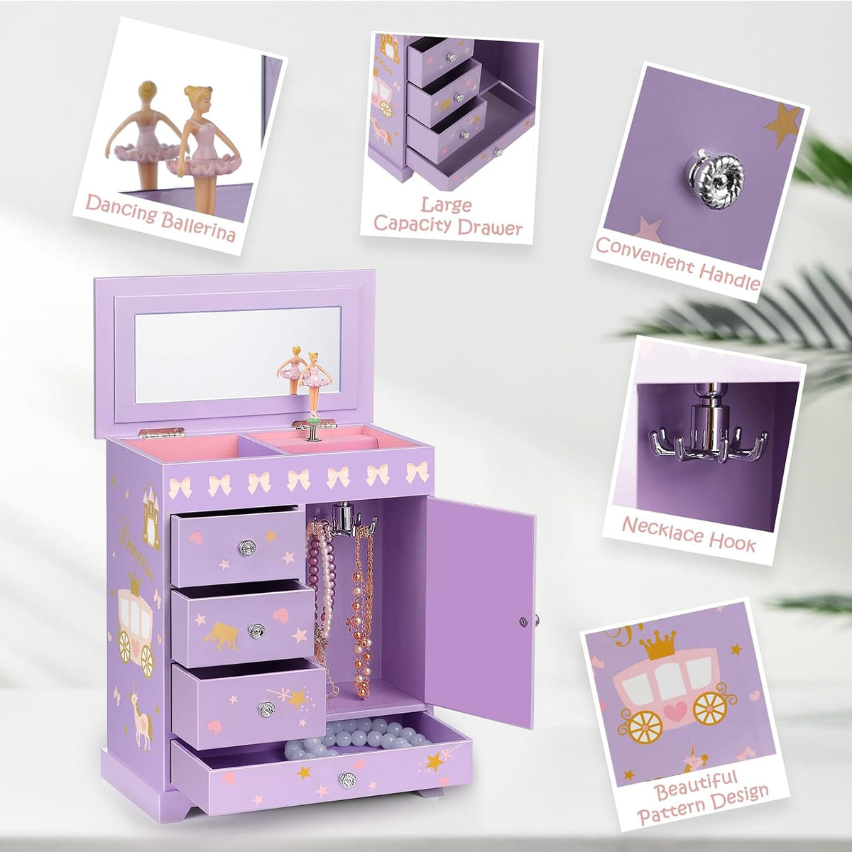 Jewelry Box for Girls 8.9 x 4.92 x 10.98 inch Large 5 Layer Music Box - Purple - image 2
