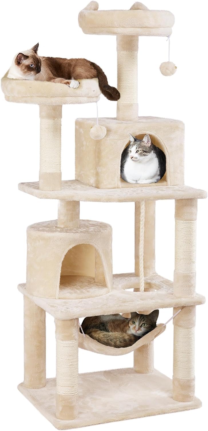 Yaheetech 62.5in Cat Tree with 2 Cat-Ear Perches & 2 Condos - 62.5in / Beige
