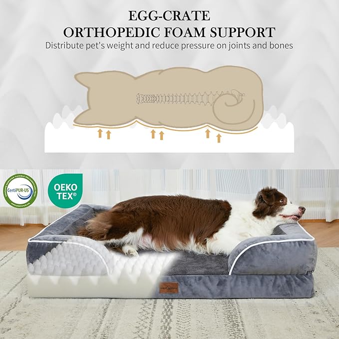 Comfort Expression XL Dog Bed with Bolster, Waterproof Orthopedic Foam Dog Beds for Extra Large Dogs, Washable Dogs Sofa Pet Bed with Removable Cover & Non-Slip Bottom(X-Large,Dark Grey)