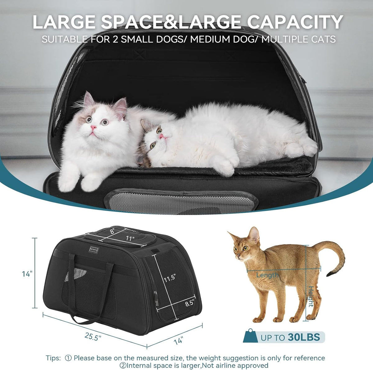 Petsfit Cat Carrier with Wheels, Removable Spinner Wheels - 25.5"L x 14.0"W x 14.0"H / Black - image 2