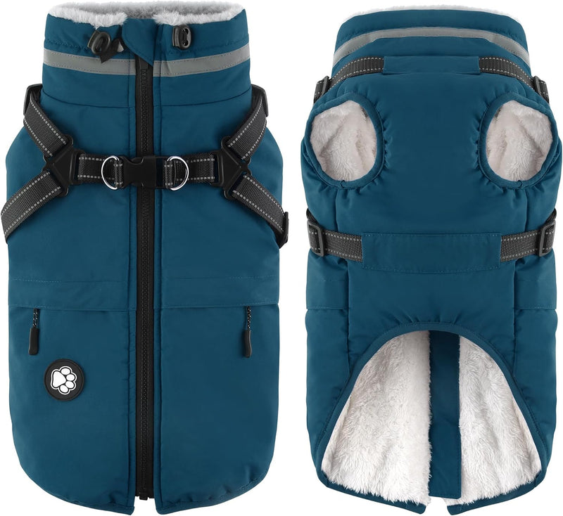 Dogcheer Dog Winter Coat with Harness - Navy Blue / XXX-Large(Chest:42.9", Back:26.7" Neck:26.7")