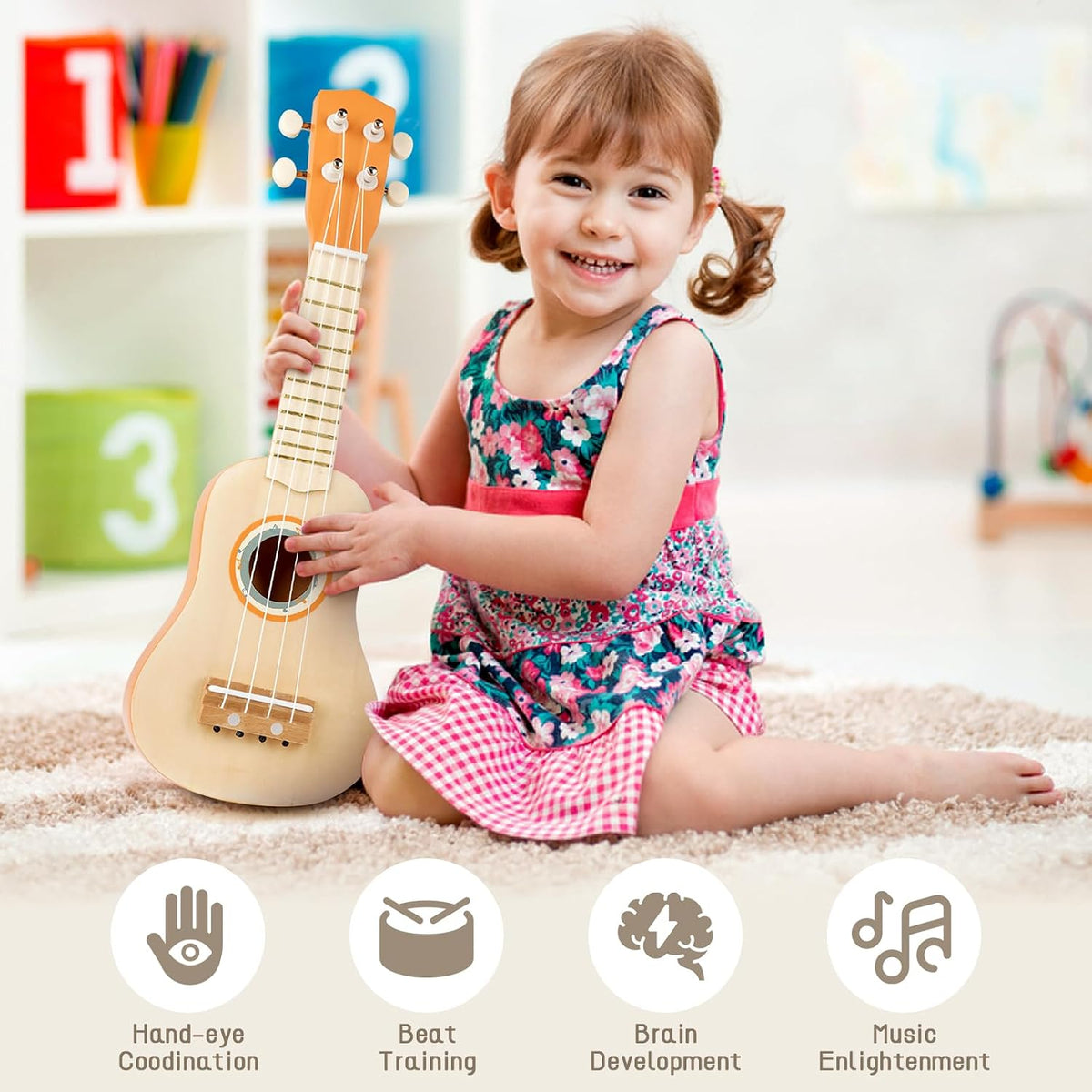 Vanplay Kids Guitar Set, 7-Piece Wooden Musical Instruments for Toddler 2-3 – Fun for Kids & Family - Beige - image 4