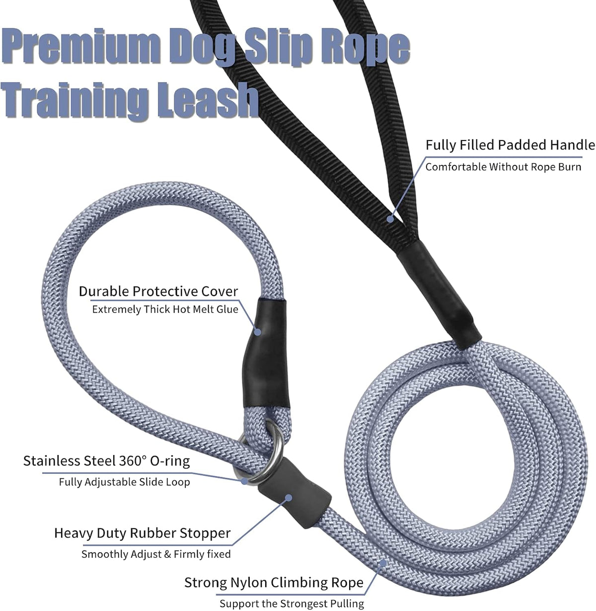 Strong Slip Rope Dog Training Leash - 1/2" x 4ft / Grey - image 3