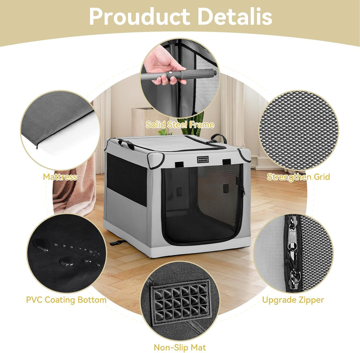 PETSFIT Portable Dog Crate for Medium Large Dogs - 24.0"L x 18.0"W x 17.0"H / Light Gray(With Mat) - image 3