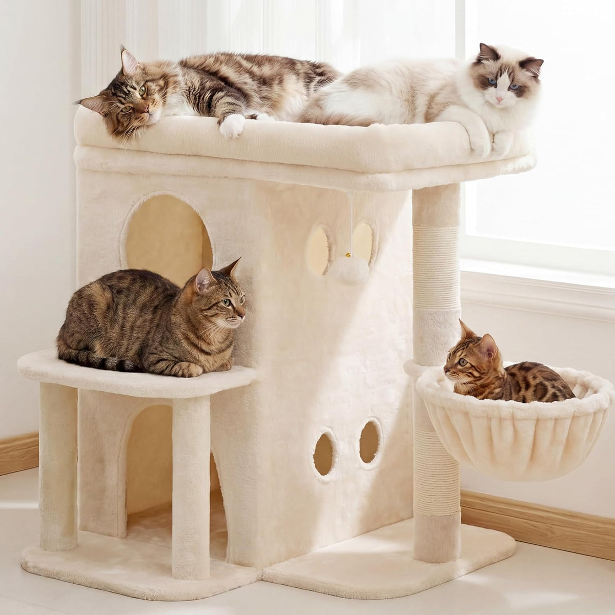 Heybly 26.3" Cat Tree for Large Cats with Big Perch & Dual Condos - Beige / 26.3 inch