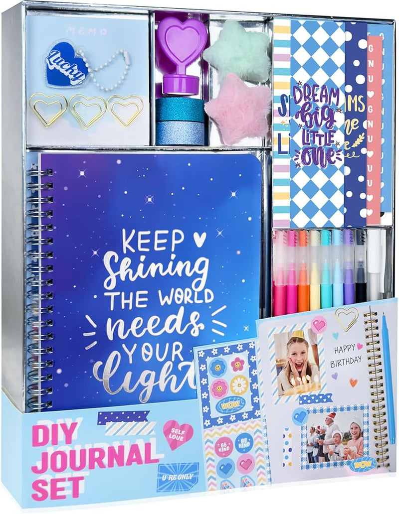 Nollh DIY journal kit for girls with spiral journal, stickers, pens and storage box