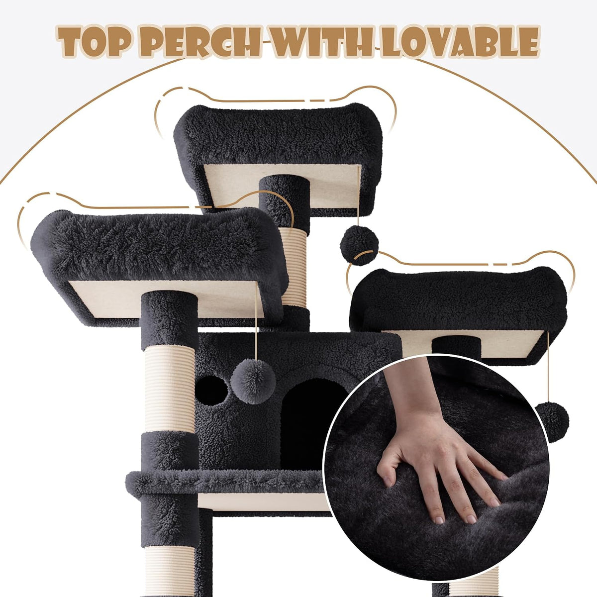 SHA CERLIN 68 Inches Multi-Level Large Cat Tree for Large Kitties/Big - 81in / Dark Grey - image 4