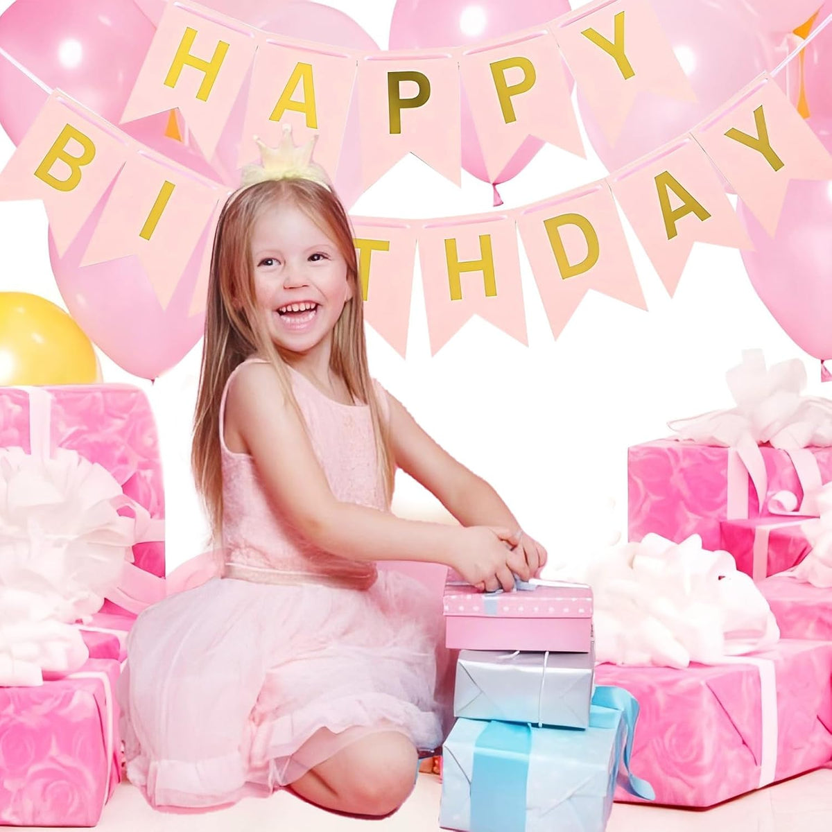 Happy Birthday Banner,Pre-Strung Black and Gold Party Decorations，16ft Pre-Strung Hanging Sign - PINK - image 3