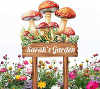 Personalized Mushroom Metal Sign with Stake,Custom Gardener Family Name Signs Outdoor Decor,Customized Flower Gardening Housewarming Gifts,Flowers Plaques for Patio Lawn Porch Backyard Farmhouse