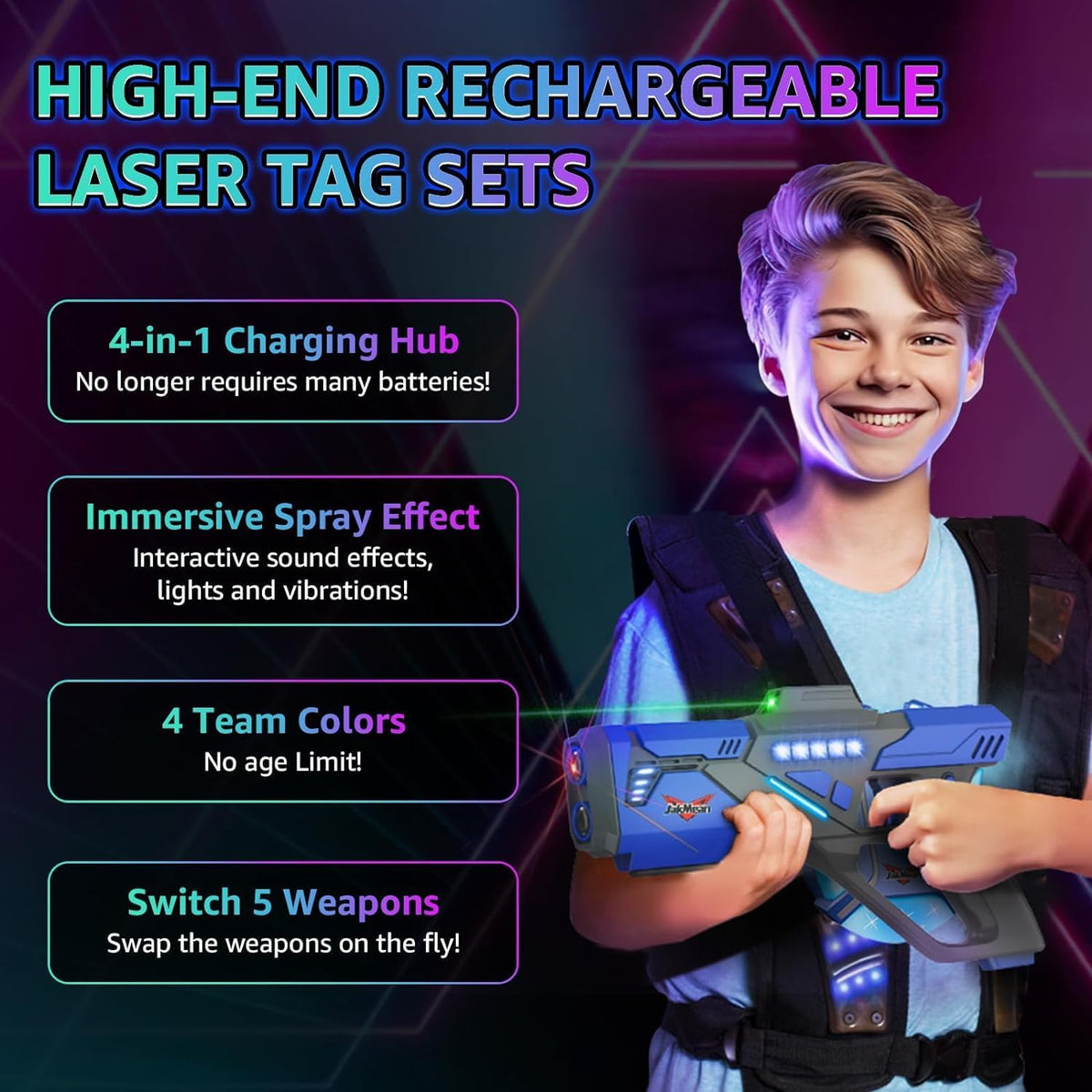Rechargeable Laser Tag Set with Vests - 4 Black / 4 - image 2