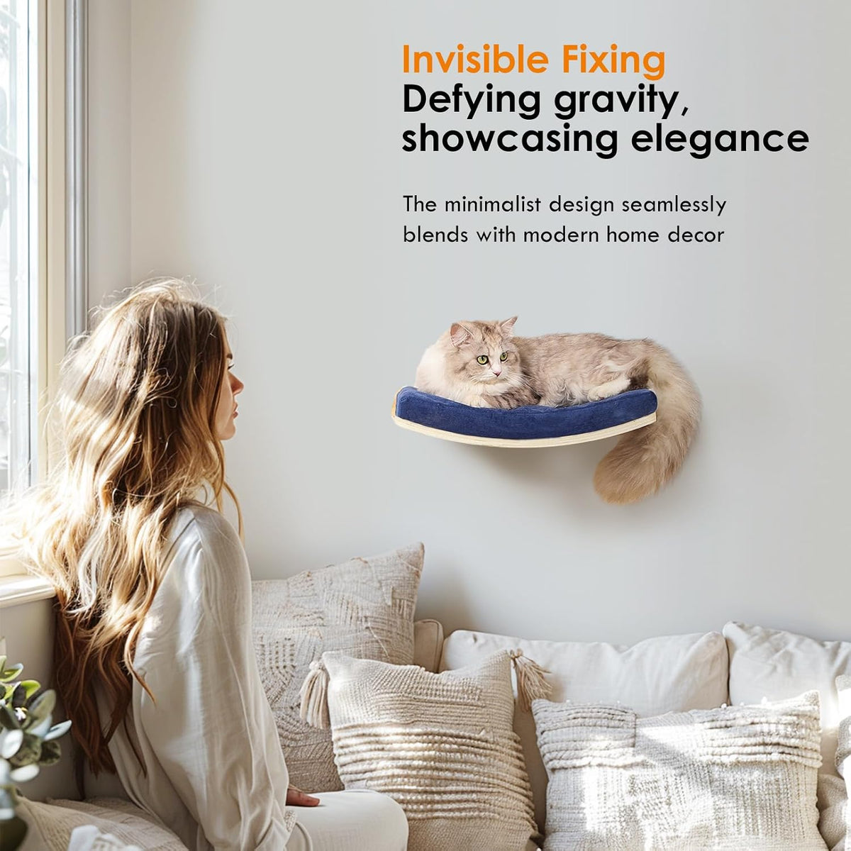 Curved Cat Shelves and Perches - Wood Shelf+Bule Cushion - image 2