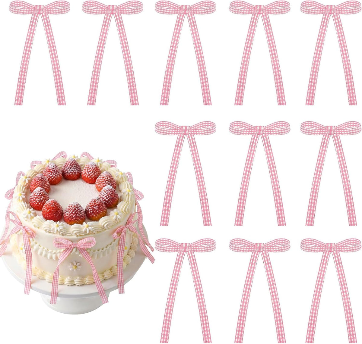30 Pack Bow Cake Toppers Black Ribbon Bows for Cake Halloween Party - Pink Gingham