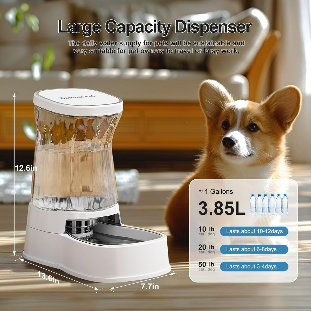 Automatic Dog Water Dispenser, Stainless Steel Bowls Feeder - White / 1 Gallon - image 2