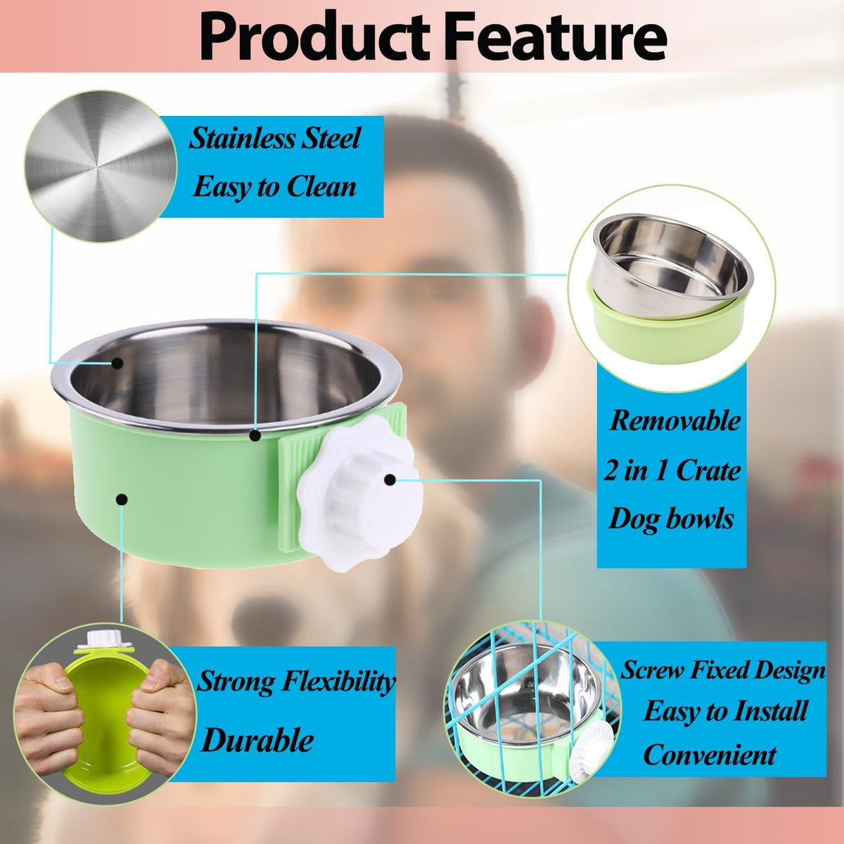 2 Pieces Crate Dog Bowl, Removable Stainless Steel Pet Kennel Hanging Food Water Feeder Bowl Cage - Blue,Red - image 2