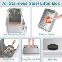16'' High Sides XXXL All Stainless Steel Cat Litter Box with Lid,8'' Deep Metal Litter Box for Big Cats,Extra Large Litter Boxes with High Wall Enclosure,Anti-Leakage,Never Absorbs Odors,Non-Sticky