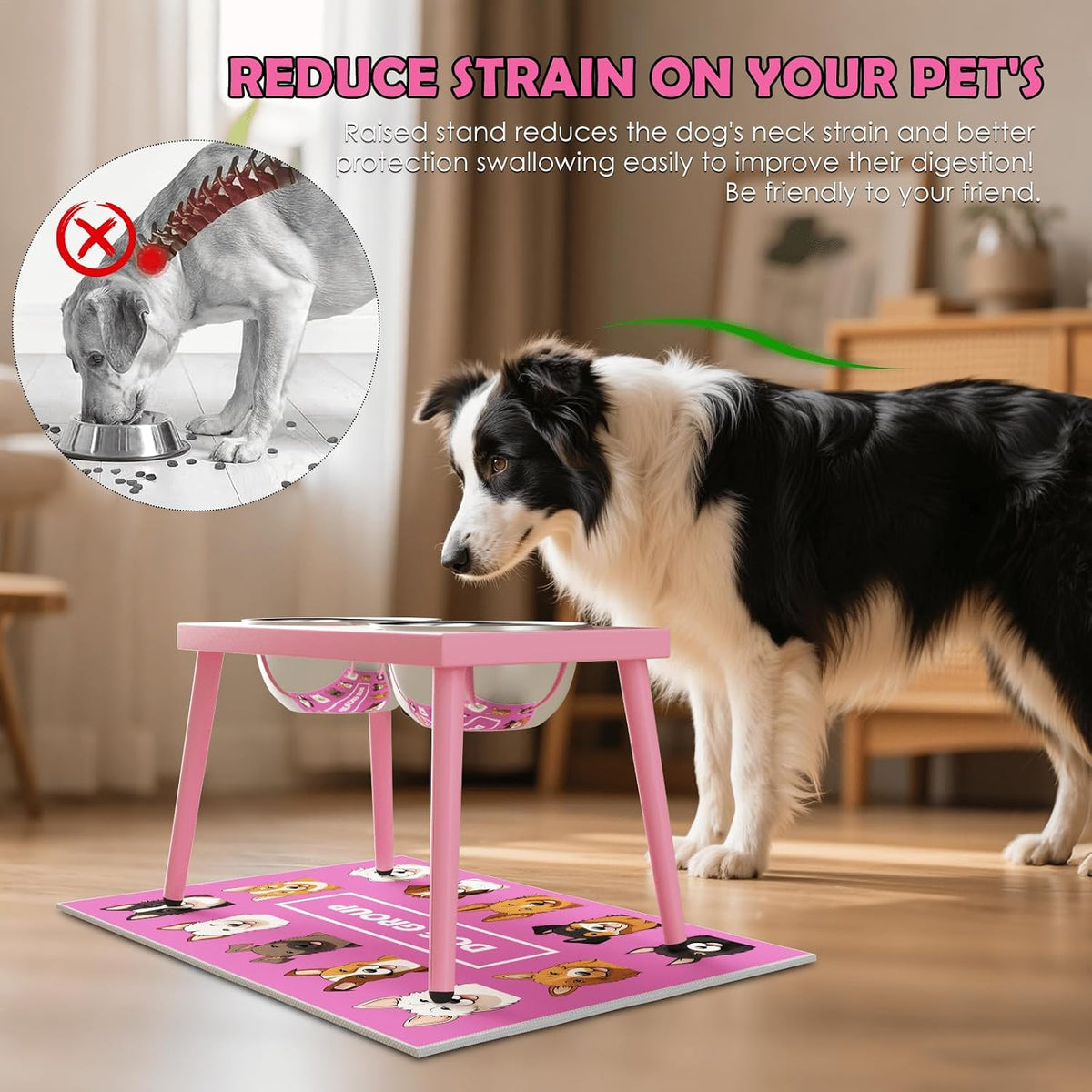 Metal Raised Dog Bowl Stand for Large and Medium Dogs - Height-10inch / Pink-L with slow feeder - image 2