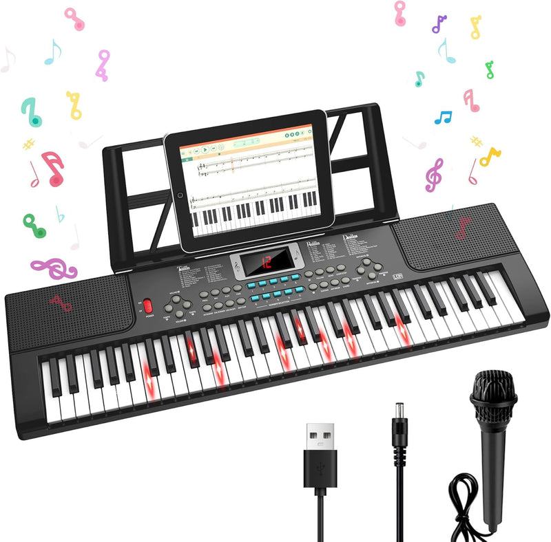 61 Keys Kid Piano Keyboard with Light-up Keys Teaching Mode Dual - Black