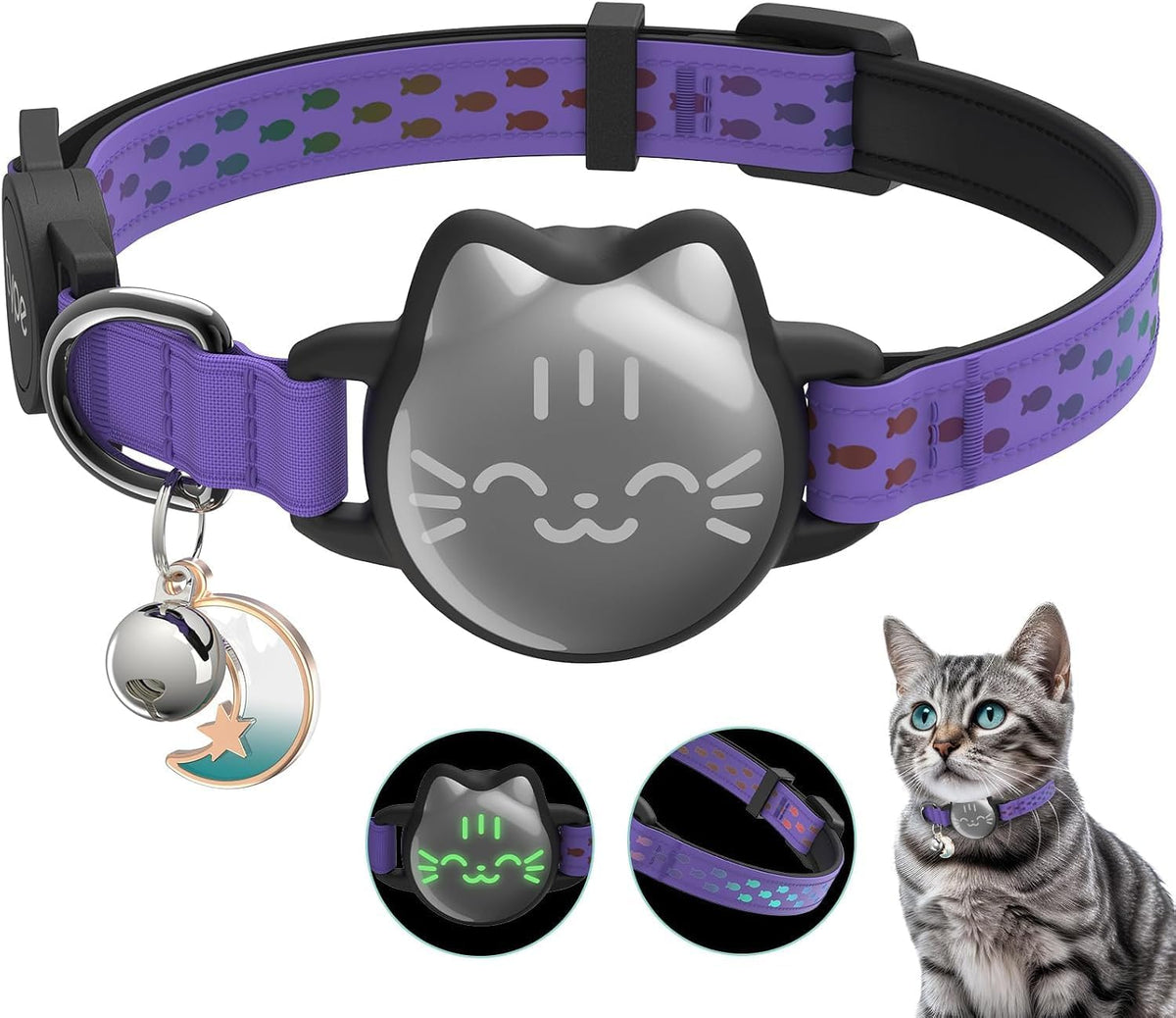 AirTag Cat Collar, Reflective Breakaway Collar - Regal Purple / Small(9-13inch)