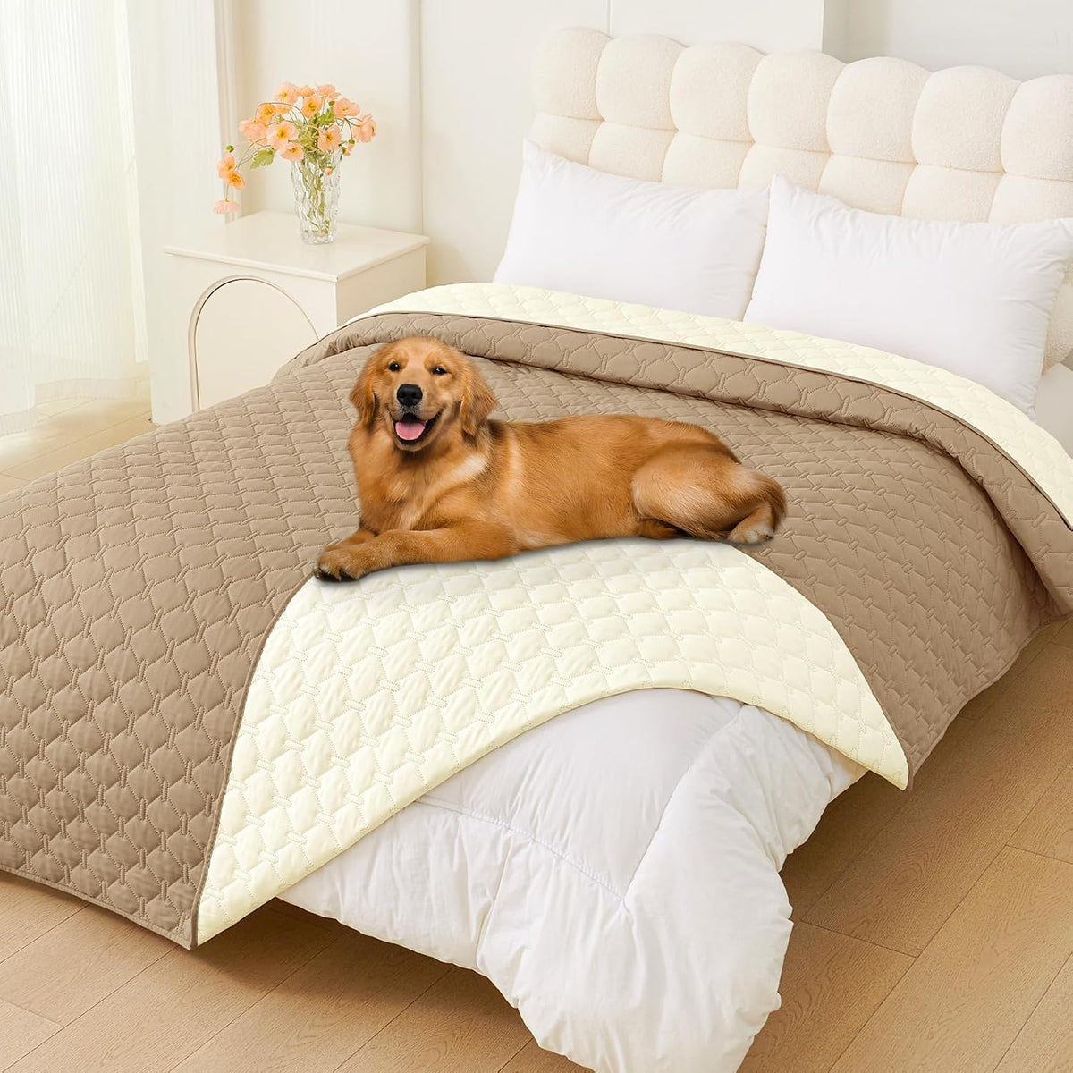 Smiry Waterproof Dog Bed Cover - Camel/Beige / Plaid / 82x82 Inch
